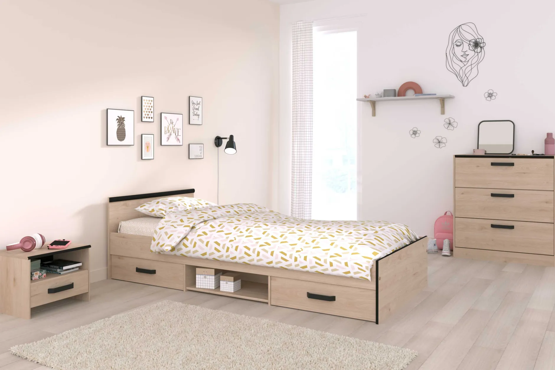 AlmaKinderzimmer : Bett 90x200cm, Nachttisch, Kommode - Eiche Dekor