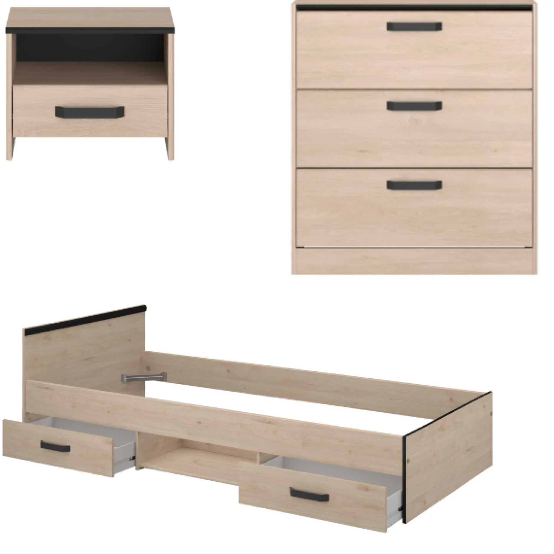 AlmaKinderzimmer : Bett 90x200cm, Nachttisch, Kommode - Eiche Dekor