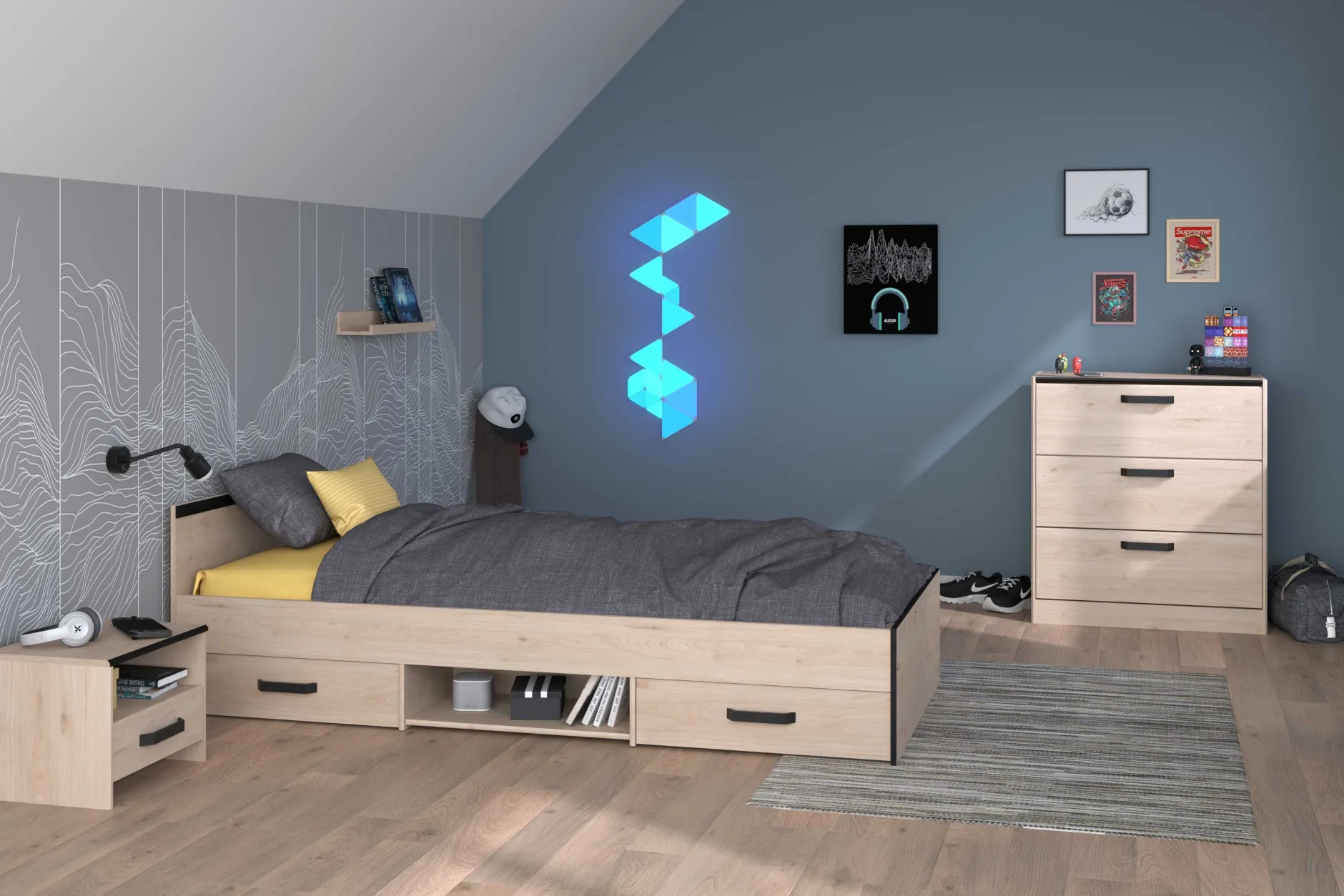 AlmaKinderzimmer : Bett 90x200cm, Nachttisch, Kommode - Eiche Dekor