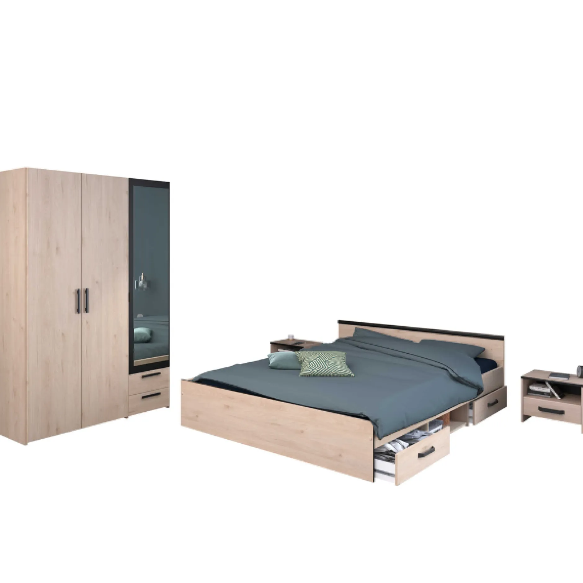 AlmaSchlafzimmer : Bett 140x190cm, Nachttisch, Kleiderschrank - Eichendekor