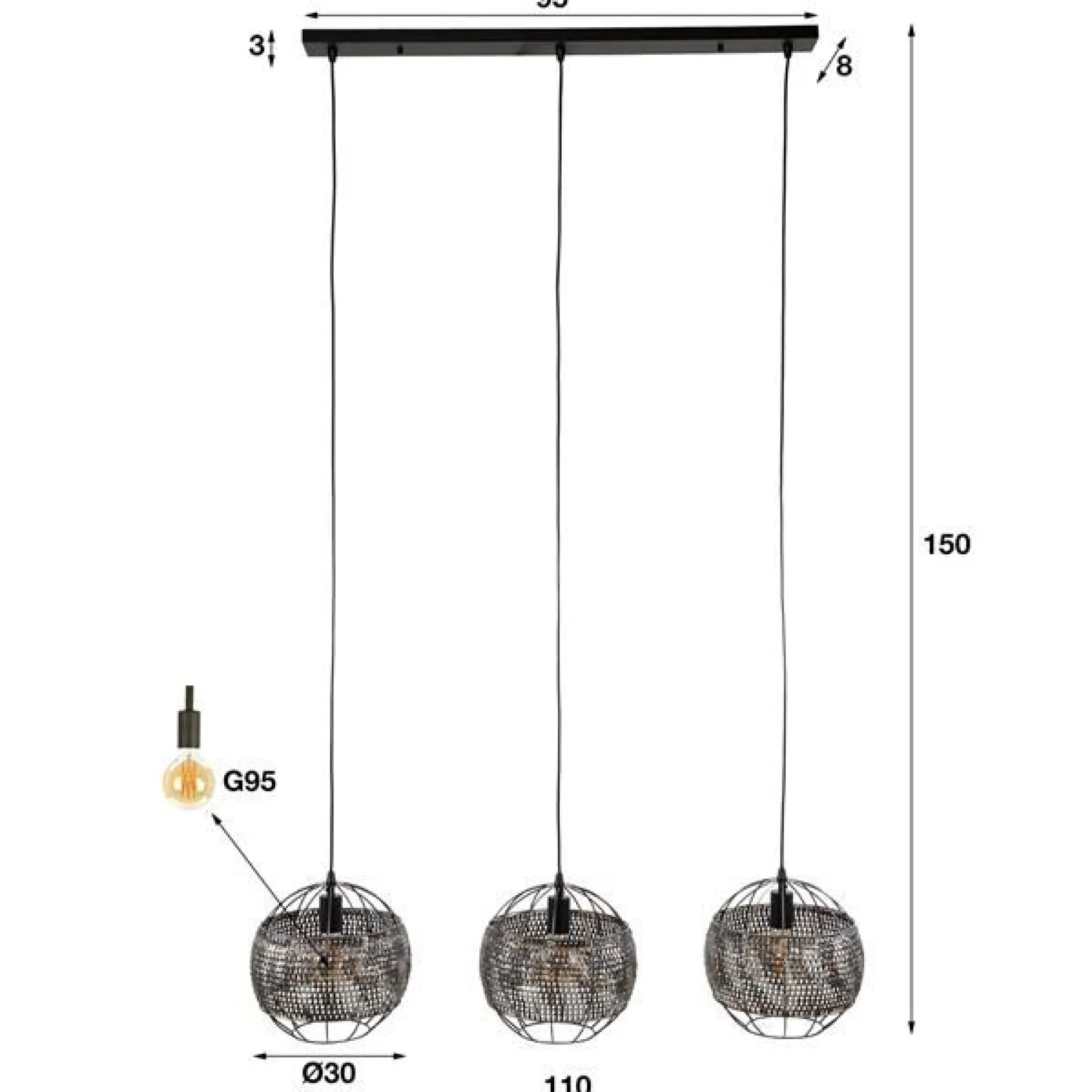Amory Hängeleuchte für 3 Lichtquellen-schwarz/braun
