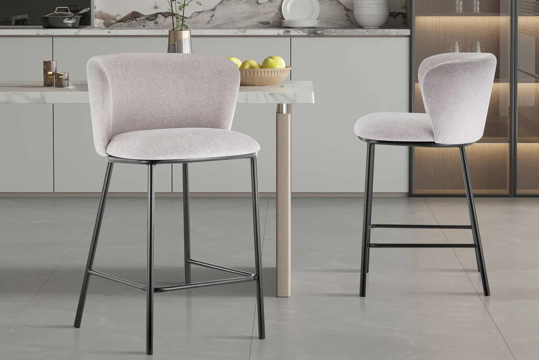 Arthur" Beigefarbener Stoff-Thekenstuhl | Metallbeine | 88.5x53x50.5cm
