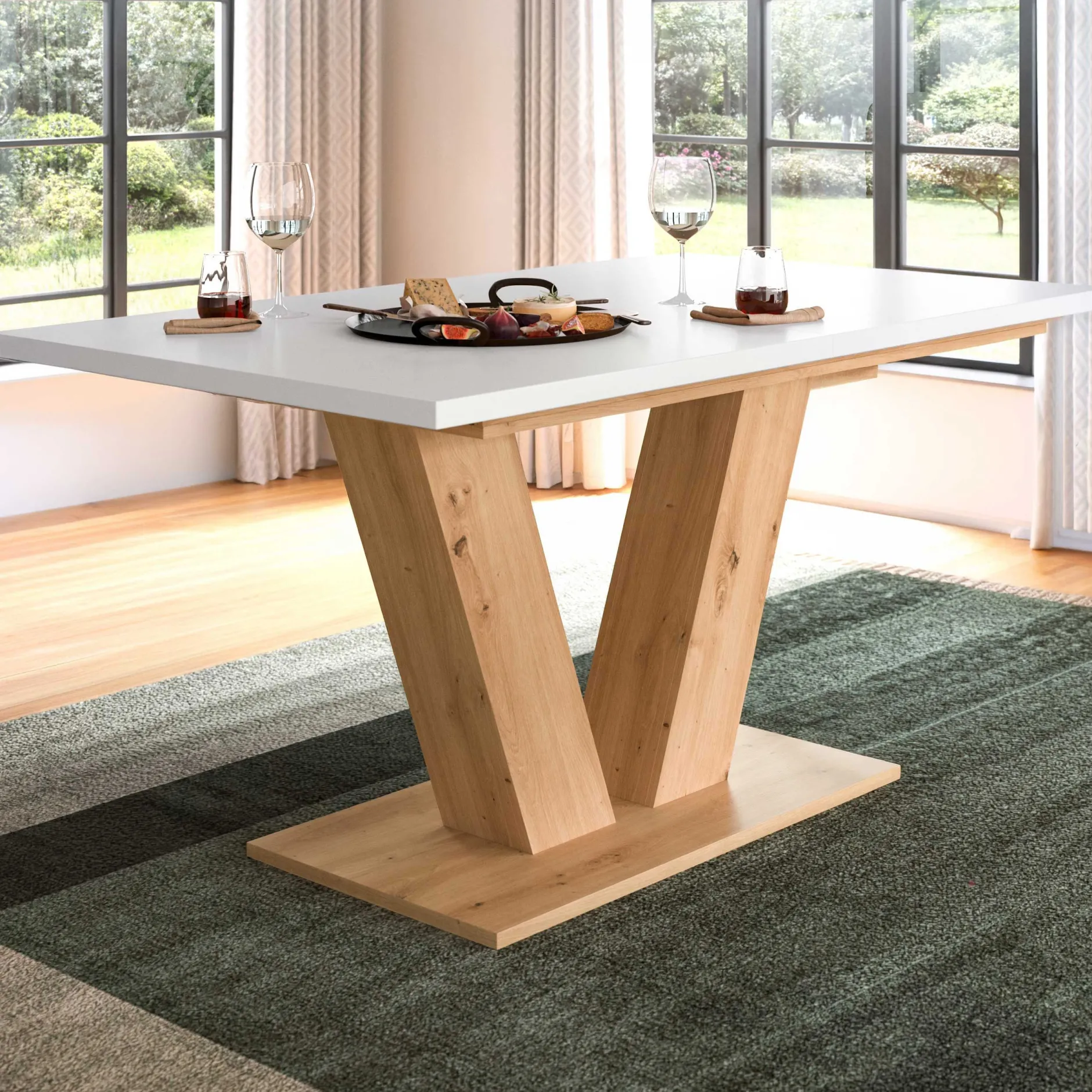 Ausziehbarer Esstisch Motion Emob - V-Base, Weiß/Natur, 150-190x76x90 cm