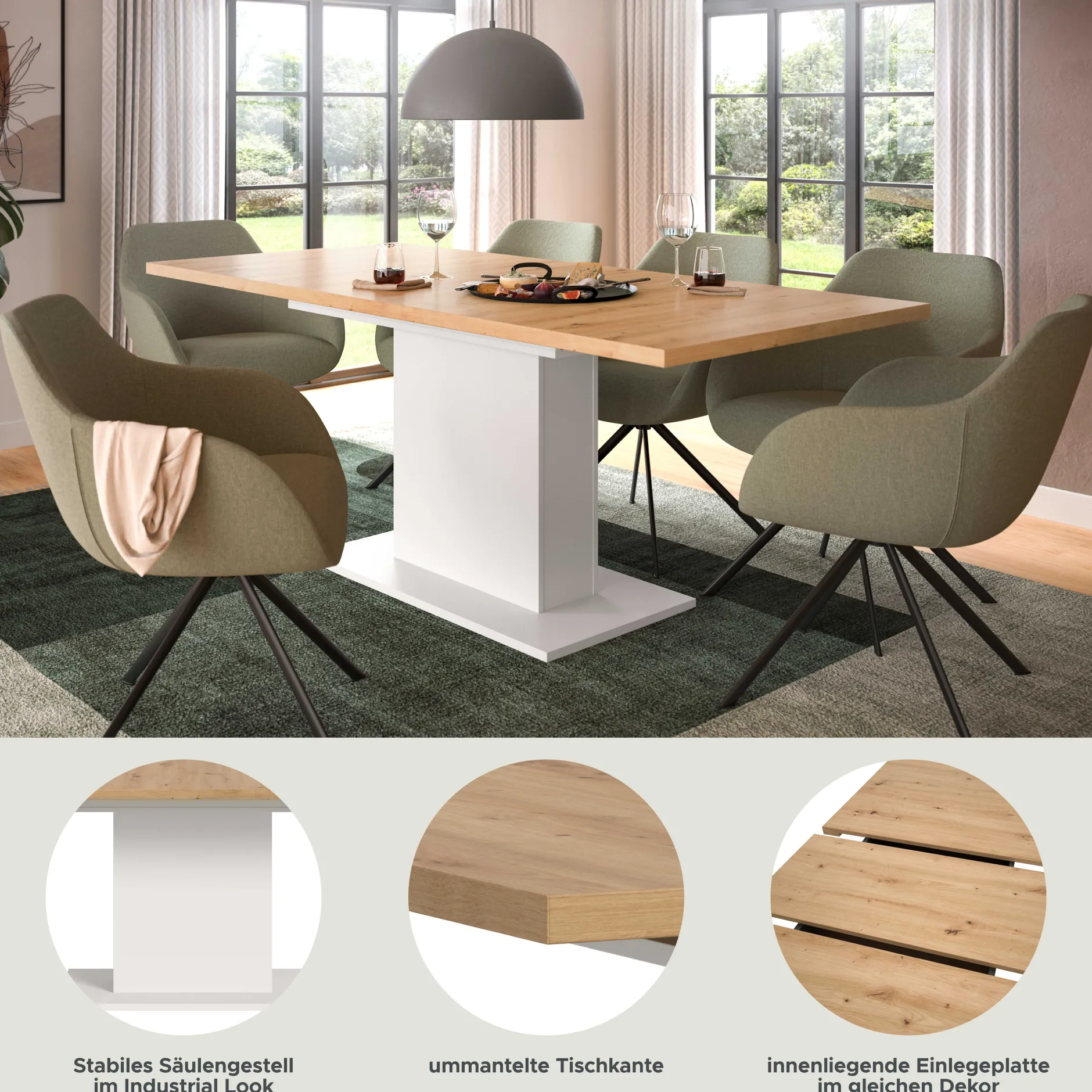 Ausziehbarer Esstisch Motion Emob - FSC-Holz, 150-190x76x90 cm, weiß/artisan
