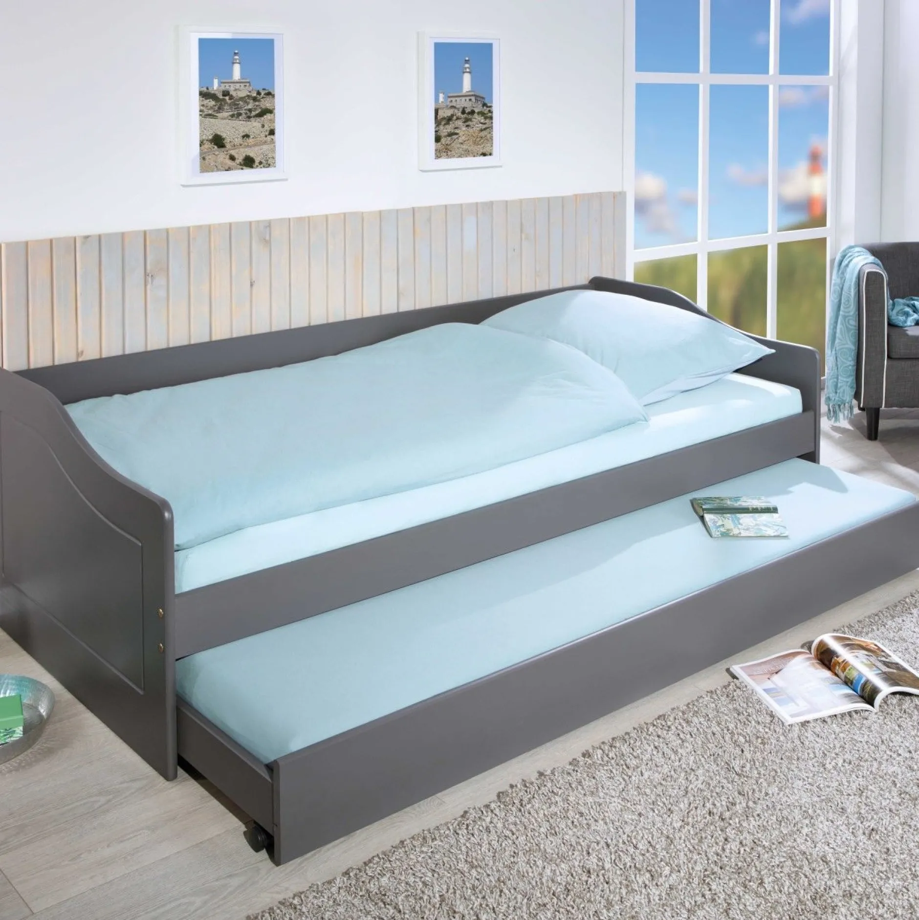 Ausziehbares Bett Leonie | 207 x 96,5 x 62 cm | 100% Melamin beschichtet | Farbe: Dunkelgrau