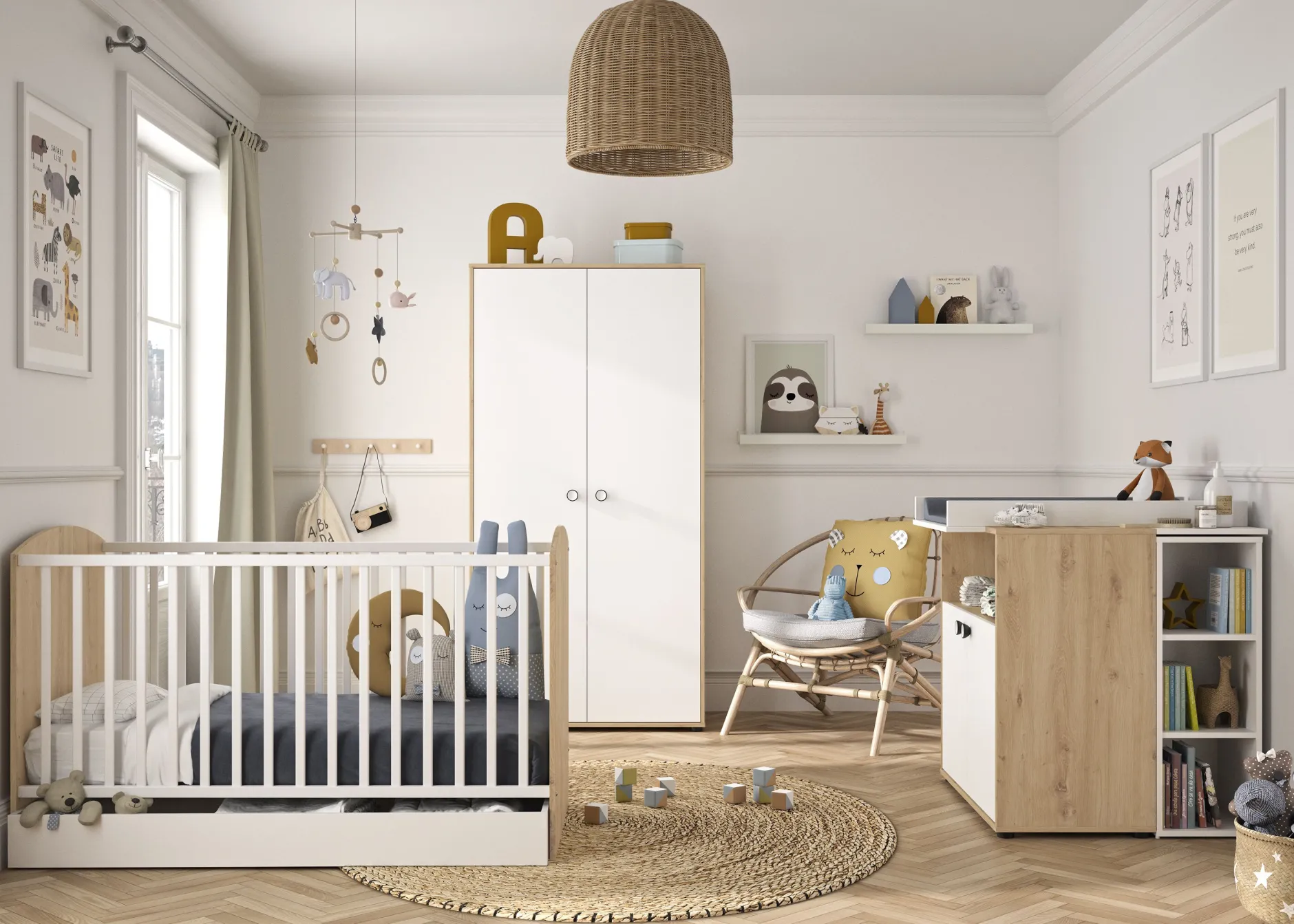 Baby- und Kleinkindzimmer-Set Arthur | Anzuchtbett, Kleiderschrank, Kommode | Bettkasten nicht enthalten | Artisan Oak Design