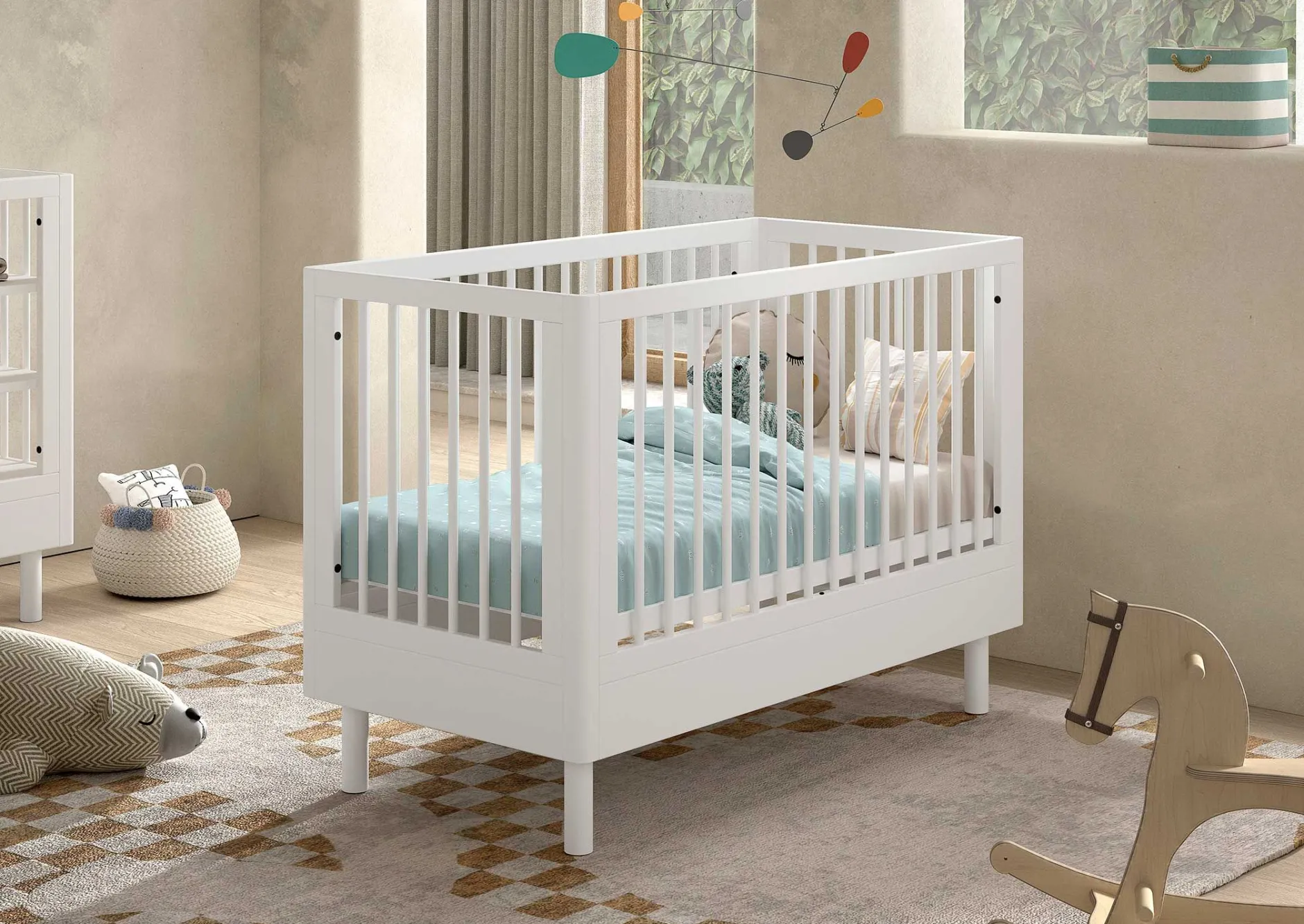 Babyzimmer Forrest: Babybett 60x120cm, Kommode mit Windelregal, Kleiderschrank - Weißbuche