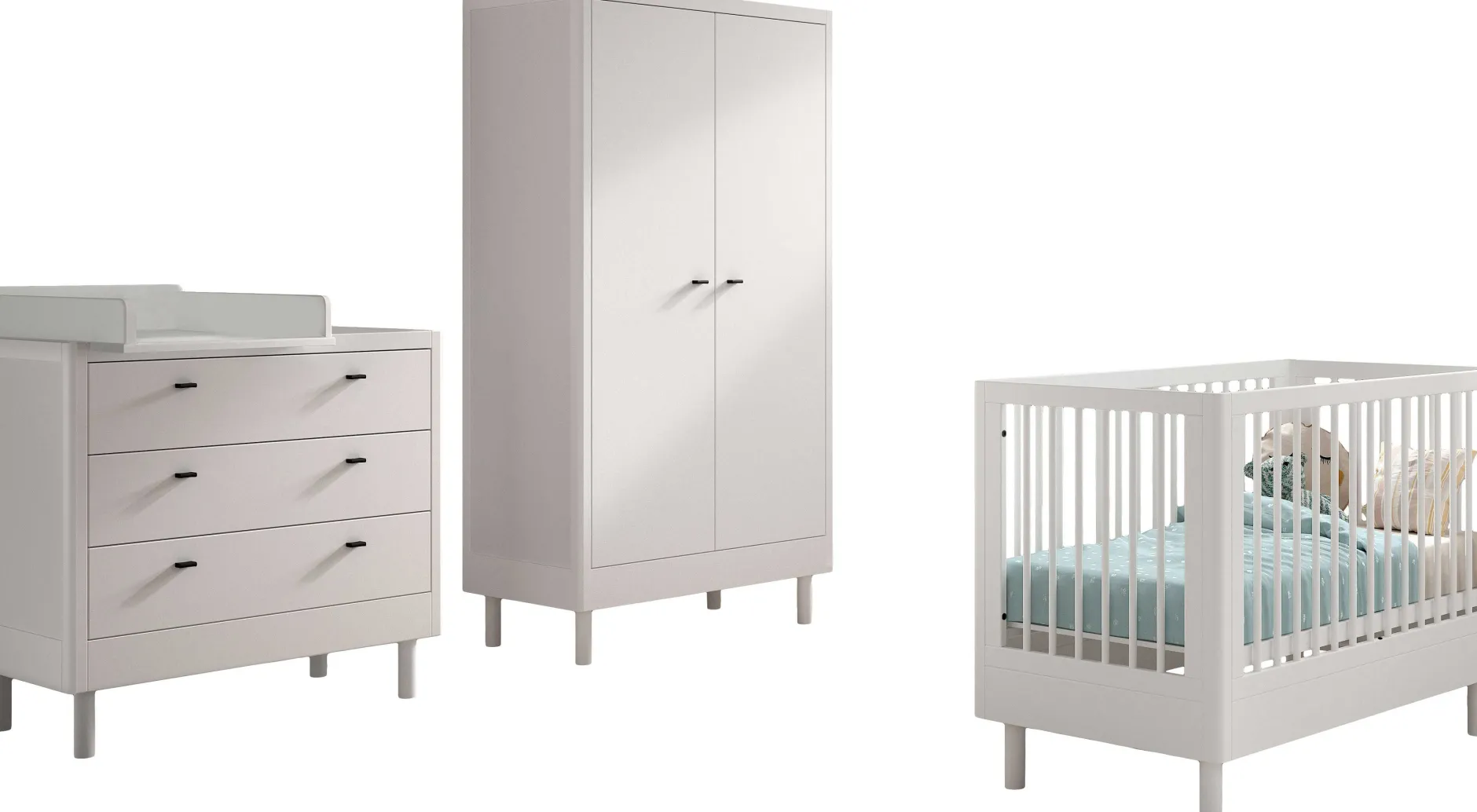 Babyzimmer Forrest: Babybett 60x120cm, Kommode mit Windelregal, Kleiderschrank - Weißbuche