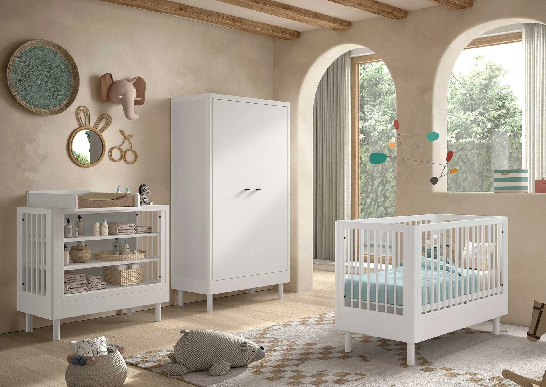 Babyzimmer Forrest: Babybett 60x120cm, Wickeltisch, Kleiderschrank - Weißbuche