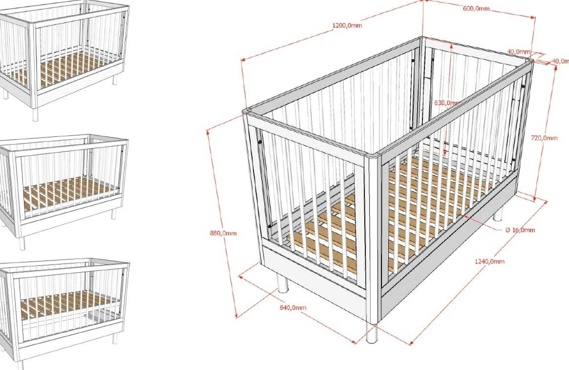 Babyzimmer Forrest: Babybett 60x120cm, Kommode mit Windelregal, Kleiderschrank - Weißbuche