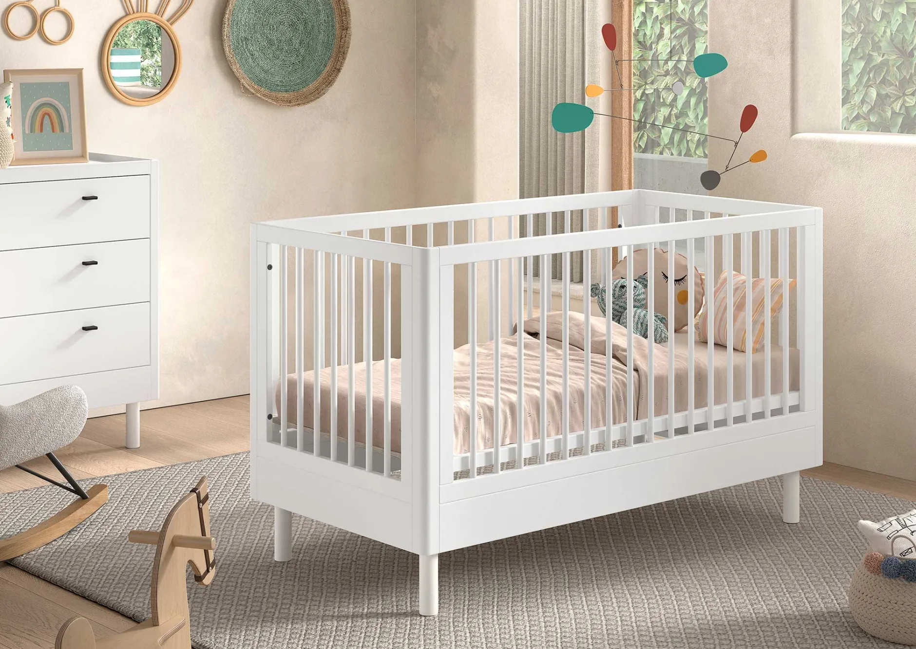 Babyzimmer Forrest: Babybett 70x140cm, Kommode mit Windelregal - Weißbuche