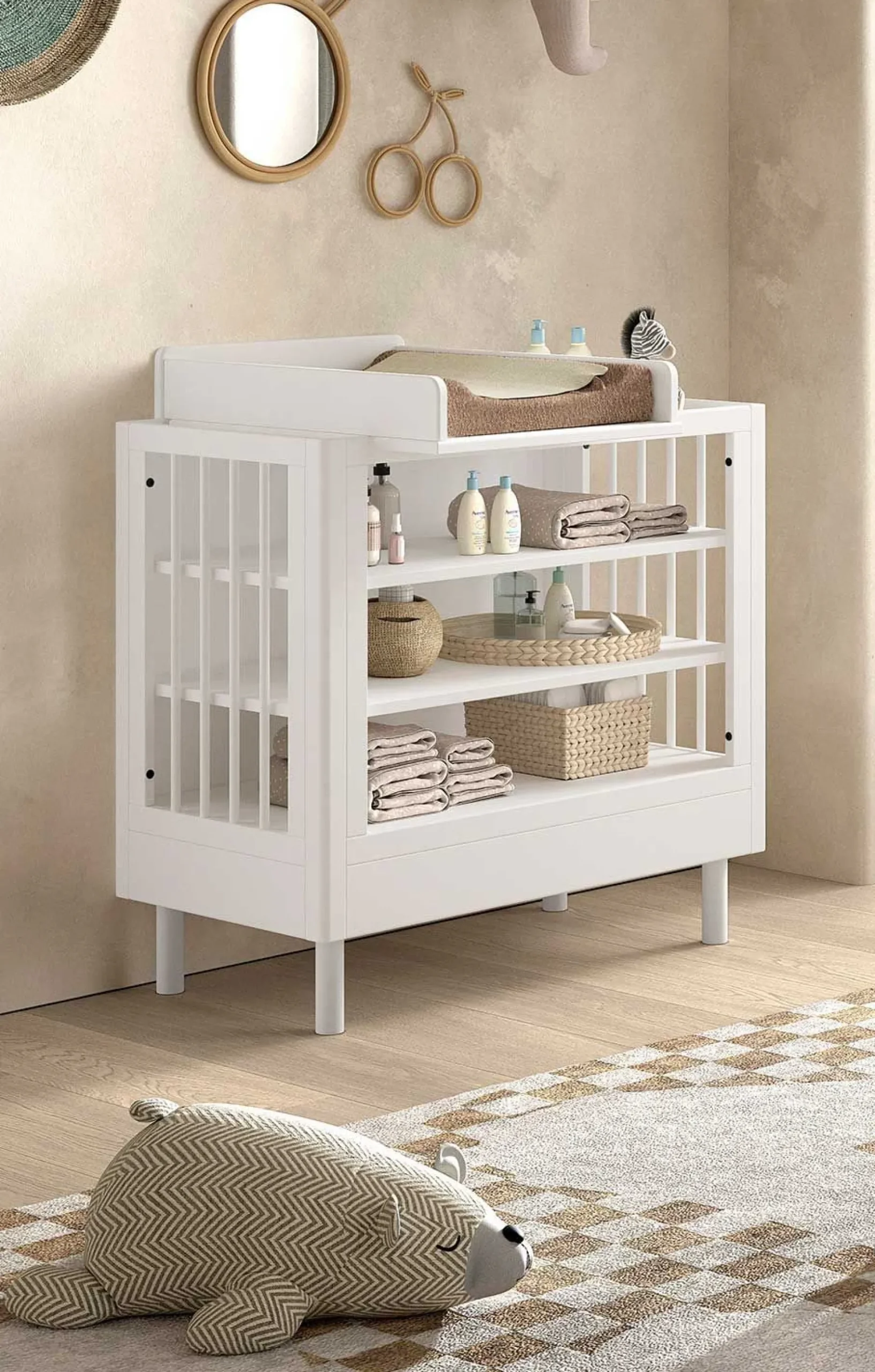 Babyzimmer Forrest: Babybett 70x140cm, Wickeltisch mit Wickelbrett, Kleiderschrank - Weißbuche