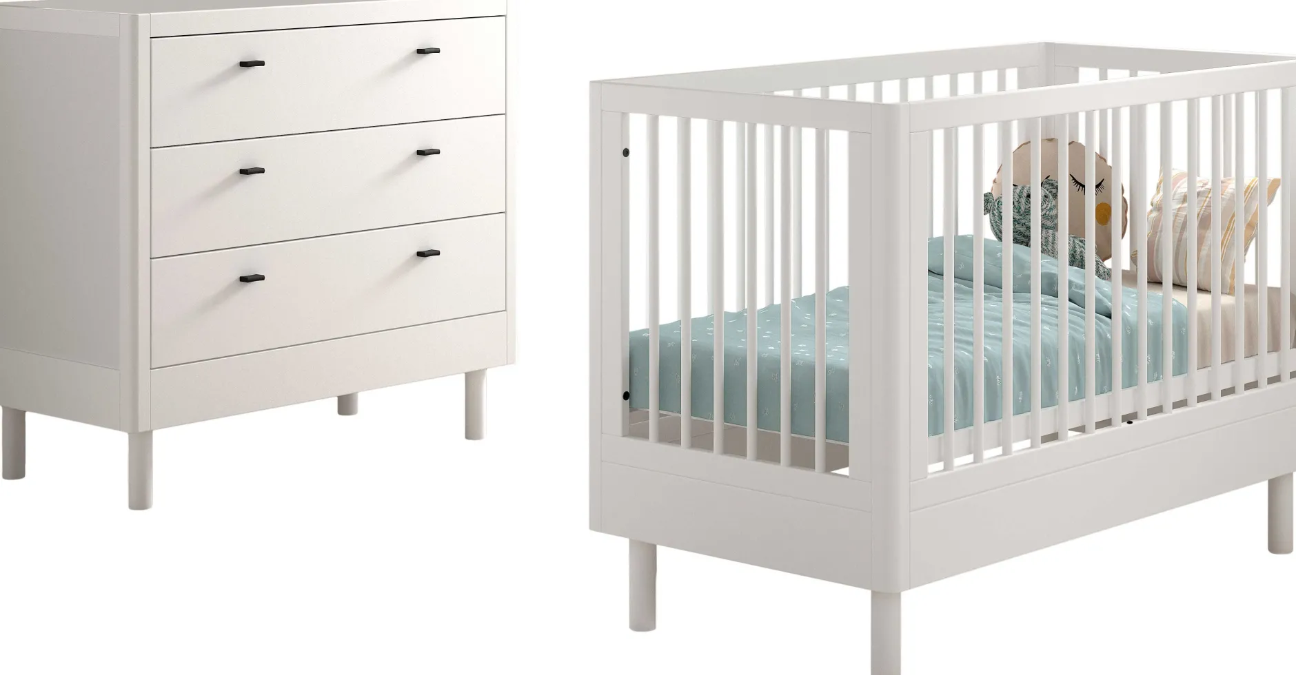 Babyzimmer Forrest: Babybett 60x120cm, Kommode - Buche weiß