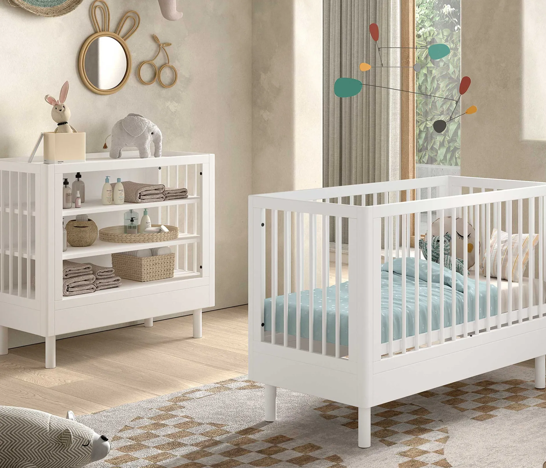 Babyzimmer Forrest: Babybett 60x120cm, Wickeltisch - Weißbuche