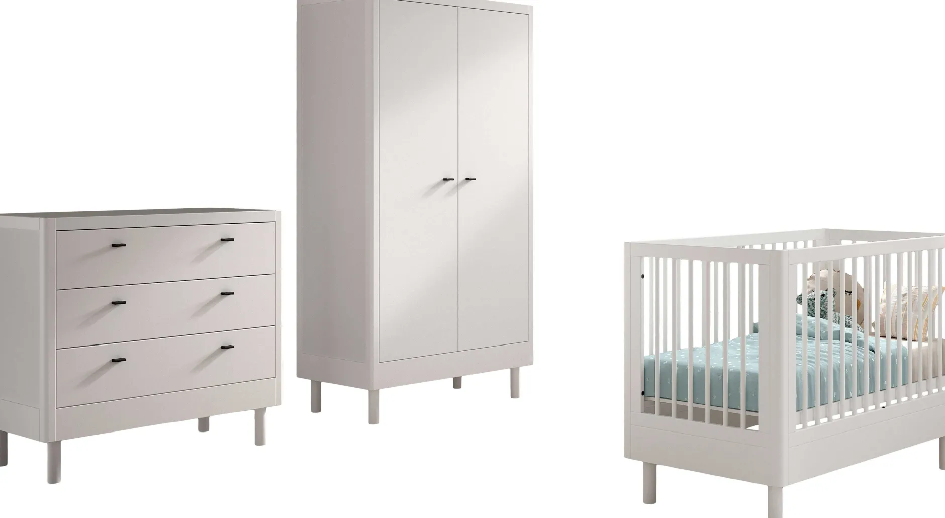 Babyzimmer Forrest: Babybett 60x120cm, Kommode, Kleiderschrank - Weißbuche