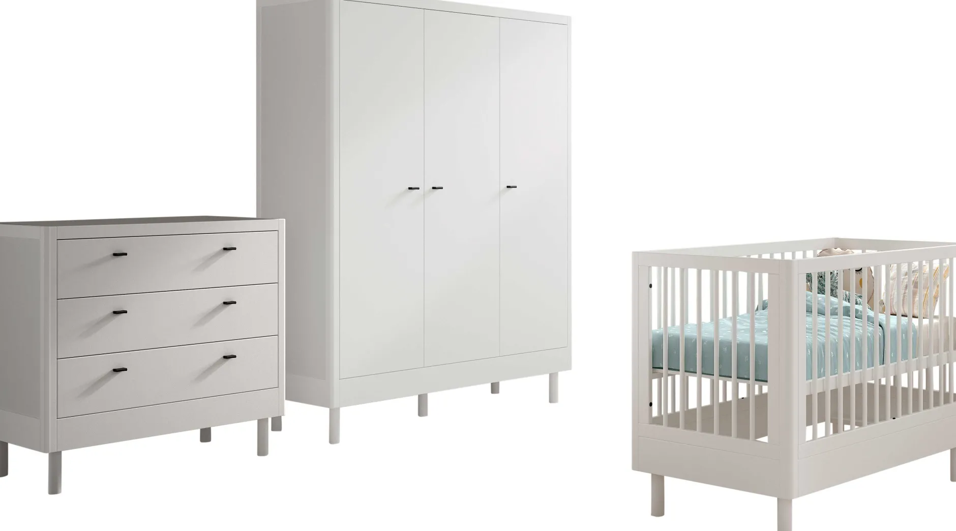 Babyzimmer Forrest: Babybett 60x120cm, Kommode, Kleiderschrank - Weißbuche