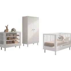 Babyzimmer Forrest: Babybett 70x140cm, Wickeltisch, Kleiderschrank - Weißbuche