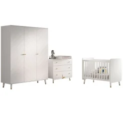 Babyzimmer-Set Billy - Dreitüriger Kleiderschrank, Kommode, Wickeltisch und Babybett - MDF/Weiß