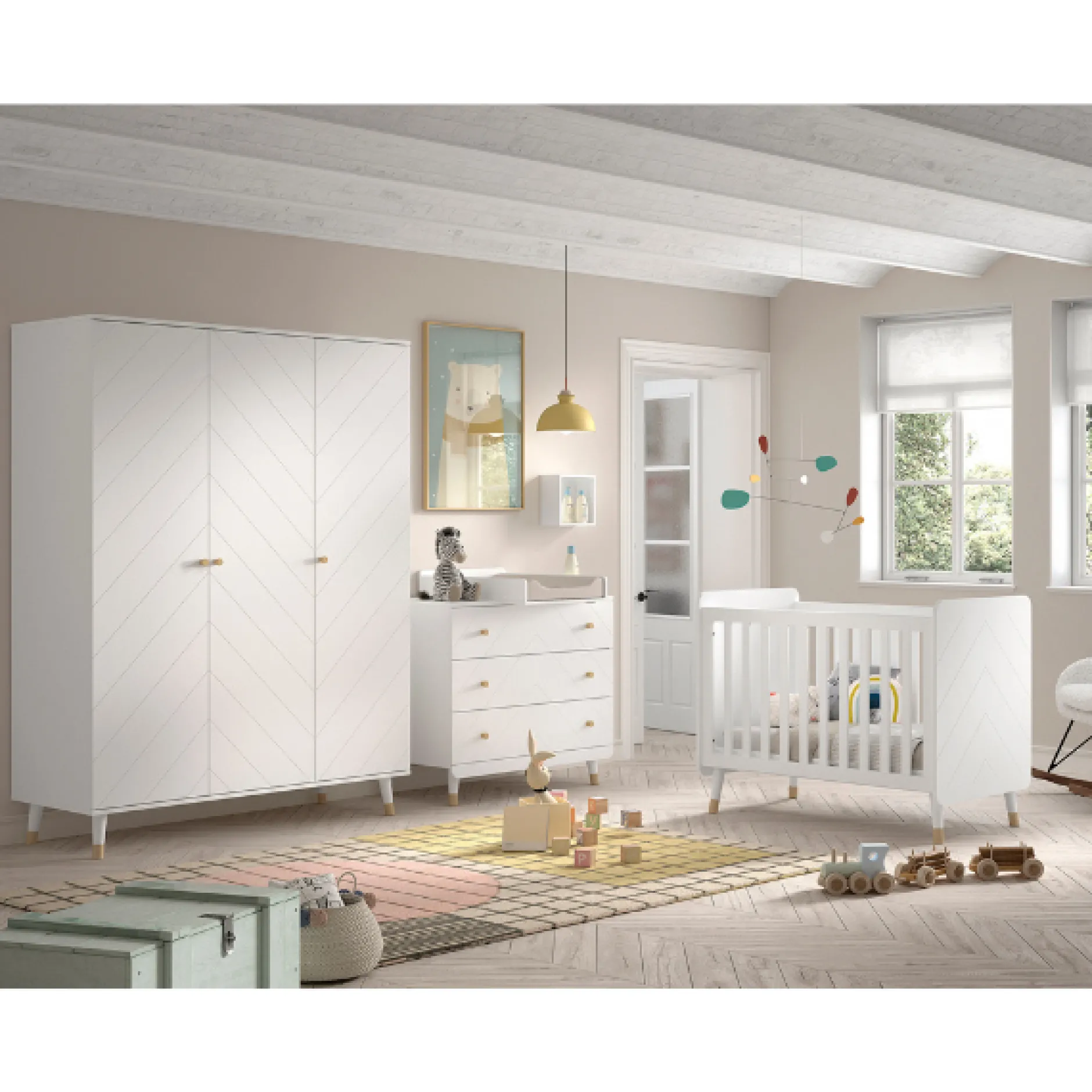 Babyzimmer-Set Billy - Dreitüriger Kleiderschrank, Kommode, Wickeltisch und Babybett - MDF/Weiß