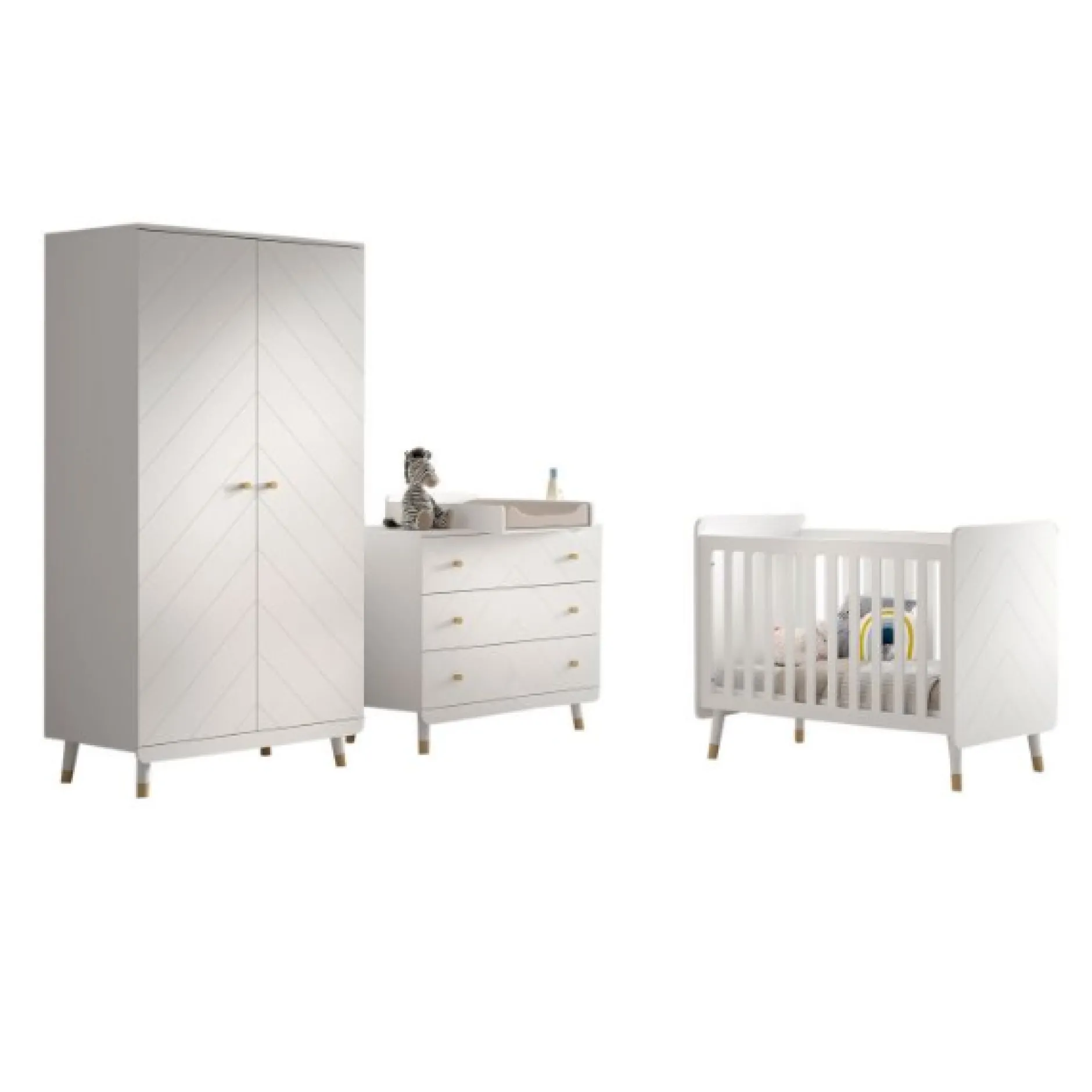 Babyzimmer-Set Billy - Zweitüriger Kleiderschrank, Kommode, Wickeltisch & Babybett - MDF/Weiß