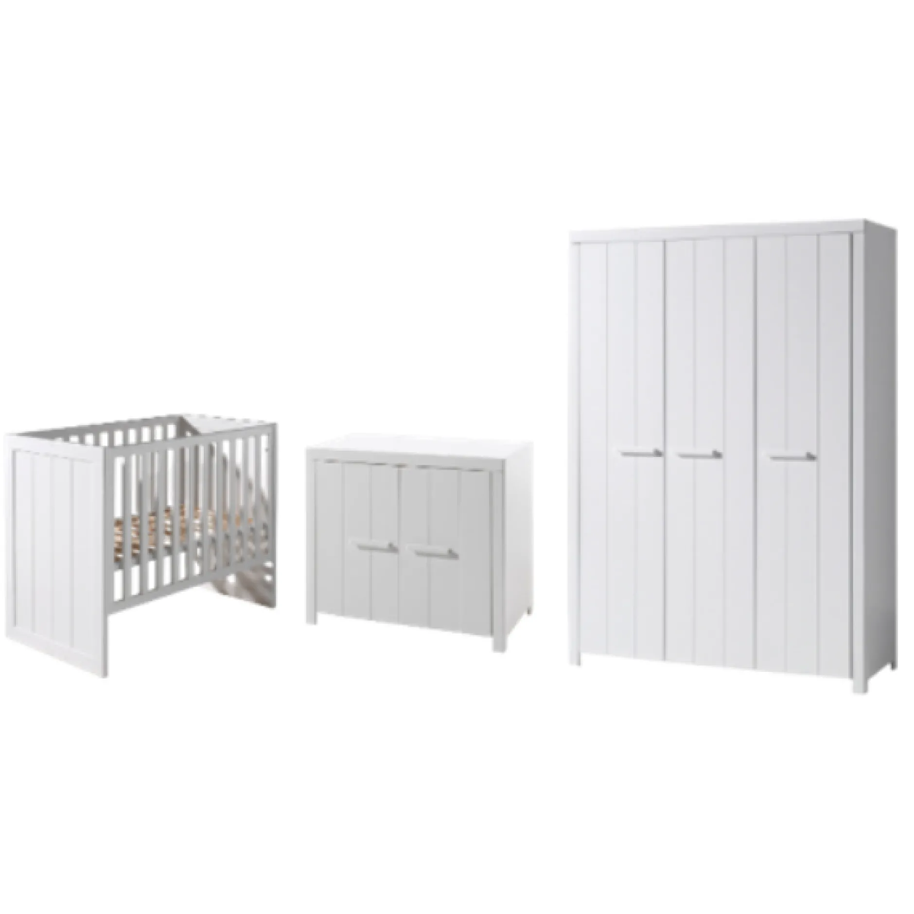Babyzimmer-Set Erik - Zweitüriger Kleiderschrank, Kommode, Wickeltisch & Babybett - MDF/Weiß