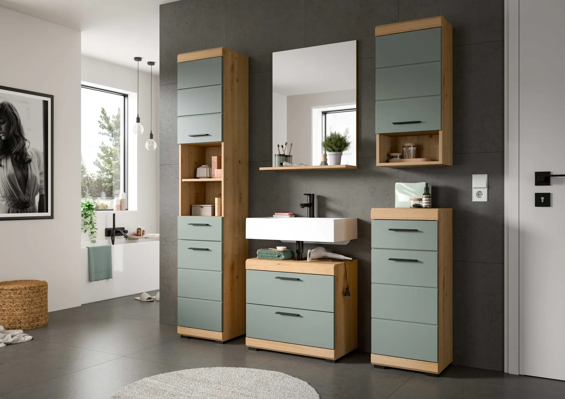 Badezimmerkombination Scout Xonox - Sagegrün & Artisan Eiche - 60x191x34 cm