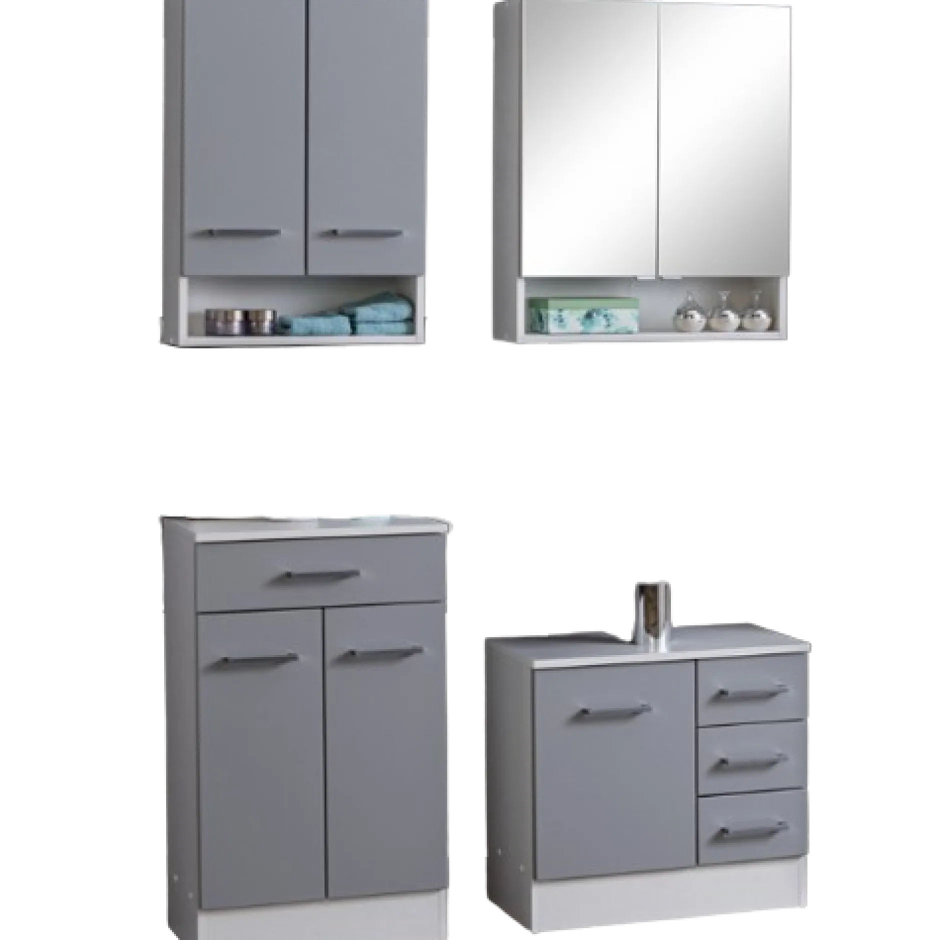 Badezimmer Ricca: Wandschrank, Badezimmerschrank, Spiegelschrank, Waschtischunterschrank - grau