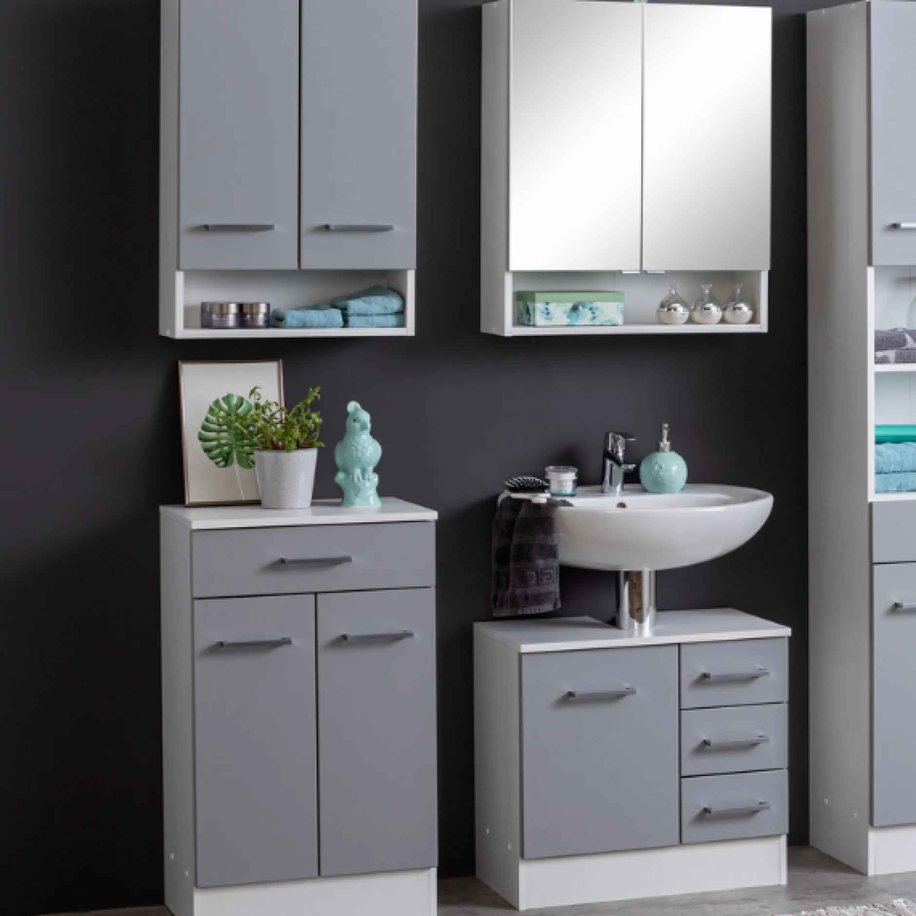 Badezimmer Ricca: Wandschrank, Badezimmerschrank, Spiegelschrank, Waschtischunterschrank - grau