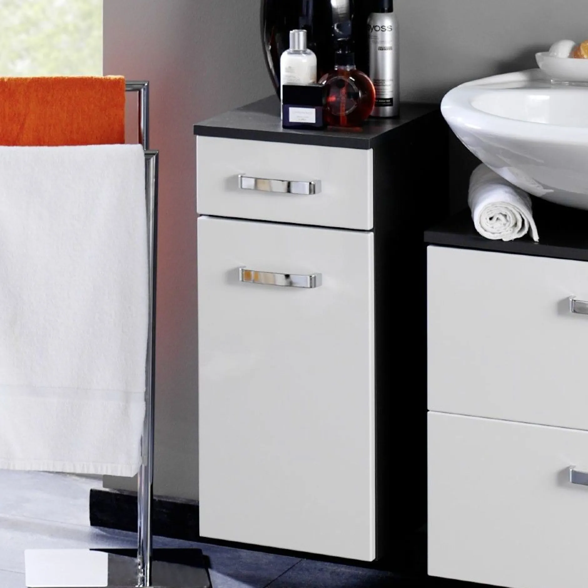 Badezimmerschrank Bobbi 30cm 1 Schublade und 1 Tür - graphit/hochglanz-weiß