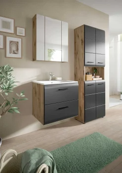 Badezimmerschrank Ice Xonox - mit Keramikwaschbecken - 60x55x46 cm - Mattschwarz & Nox Oak