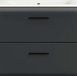 Badezimmerschrank Ice Xonox - mit Keramikwaschbecken - 60x55x46 cm - Mattschwarz & Nox Oak