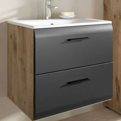 Badezimmerschrank Ice Xonox - mit Keramikwaschbecken - 60x55x46 cm - Mattschwarz & Nox Oak