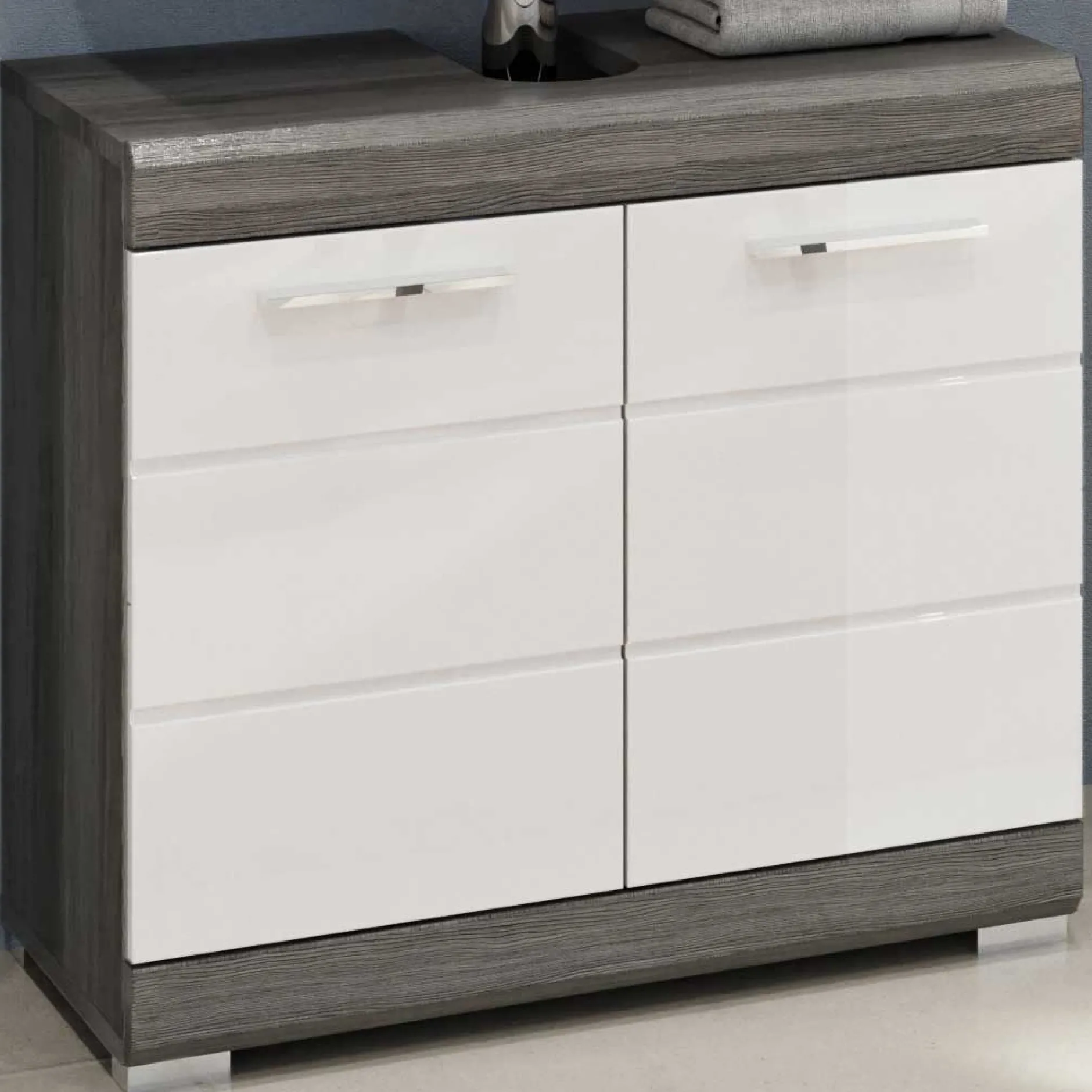 Badezimmerschrank Scout Xonox – Smoke Silver/Weiß Hochglanz – 60x56x34 cm