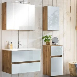Badezimmerset Helsinki | Waschtischschrank, Spiegelschrank, Hängeschrank, Seitenschrank | Wotan Eiche/weißes Design