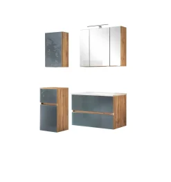 Badezimmerset Helsinki | Waschtischschrank, Spiegelschrank, Hängeschrank, Seitenschrank | Wotan Eiche/grau-design