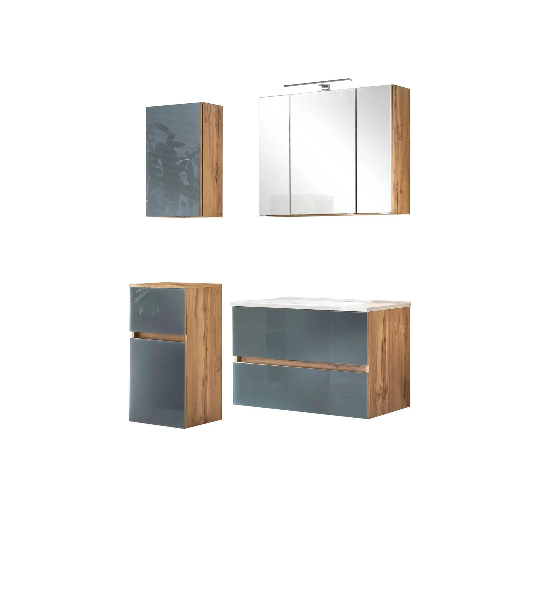 Badezimmerset Helsinki | Waschtischschrank, Spiegelschrank, Hängeschrank, Seitenschrank | Wotan Eiche/grau-design