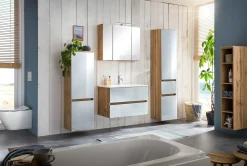 Badezimmerset Helsinki | Waschtischschrank, Spiegelschrank, Hängeschrank, Säulenschrank | Wotan Eiche/weißes-design