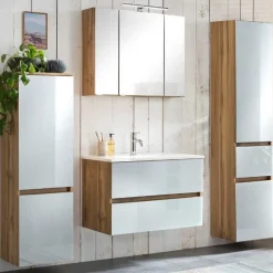 Badezimmerset Helsinki | Waschtischschrank, Spiegelschrank, Hängeschrank, Säulenschrank | Wotan Eiche/weißes-design