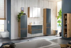 Badezimmerset Helsinki | Waschtischschrank, Spiegelschrank, Hängeschrank, Säulenschrank | Wotan Eiche/grau-design