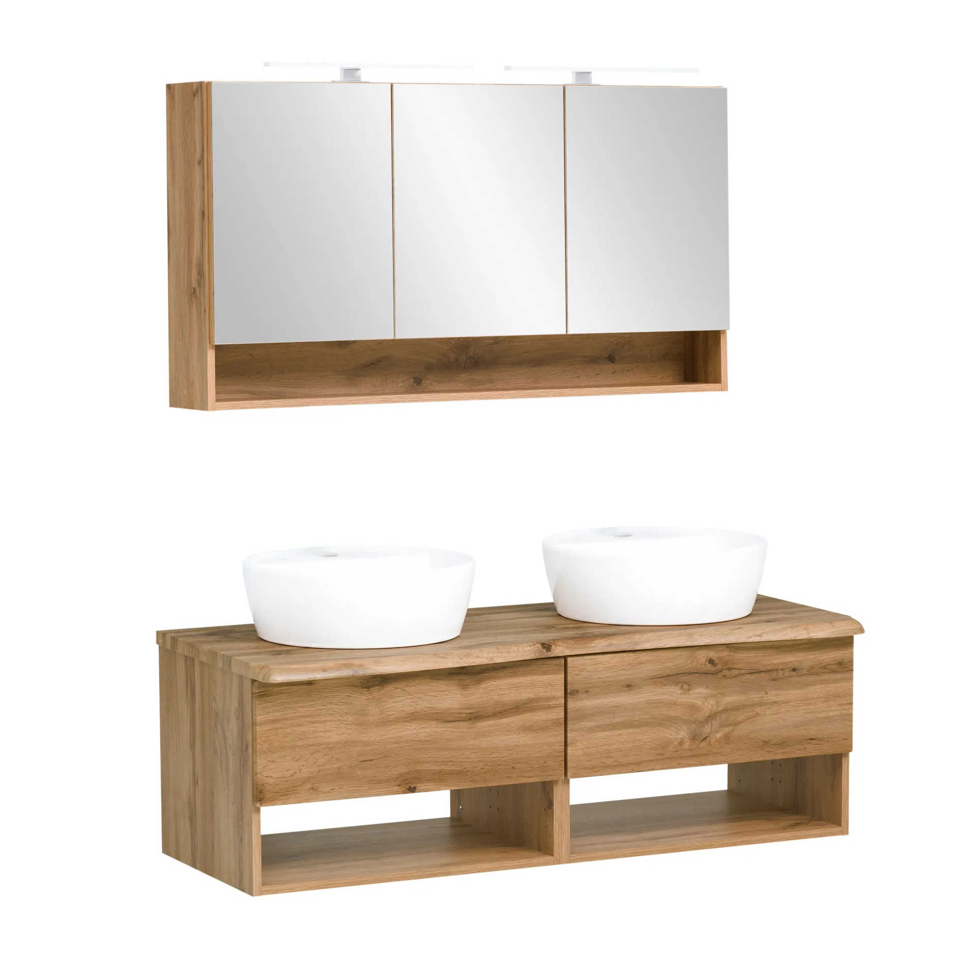 Badezimmerset Kaprun | Doppelwaschtisch und Spiegelschrank mit Beleuchtung | Wotan Oak