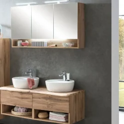 Badezimmerset Kaprun | Doppelwaschtisch und Spiegelschrank mit Beleuchtung | Wotan Oak