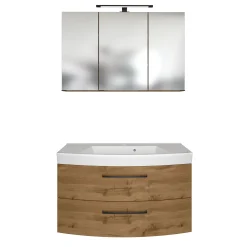 Badezimmerset Manchester | Waschbeckenschrank und Spiegelschrank mit Beleuchtung | Wotan Eiche Design