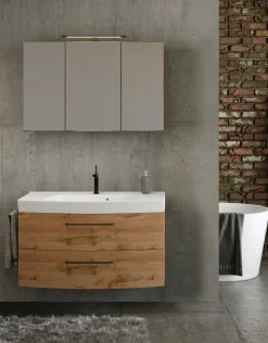 Badezimmerset Manchester | Waschbeckenschrank und Spiegelschrank mit Beleuchtung | Wotan Eiche Design