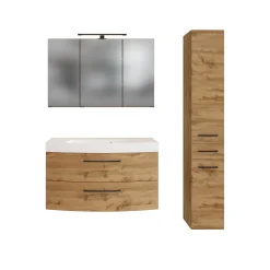 Badezimmerset Manchester | Waschtischschrank, Säulenschrank, Spiegelschrank mit Beleuchtung | Eiche Wotan