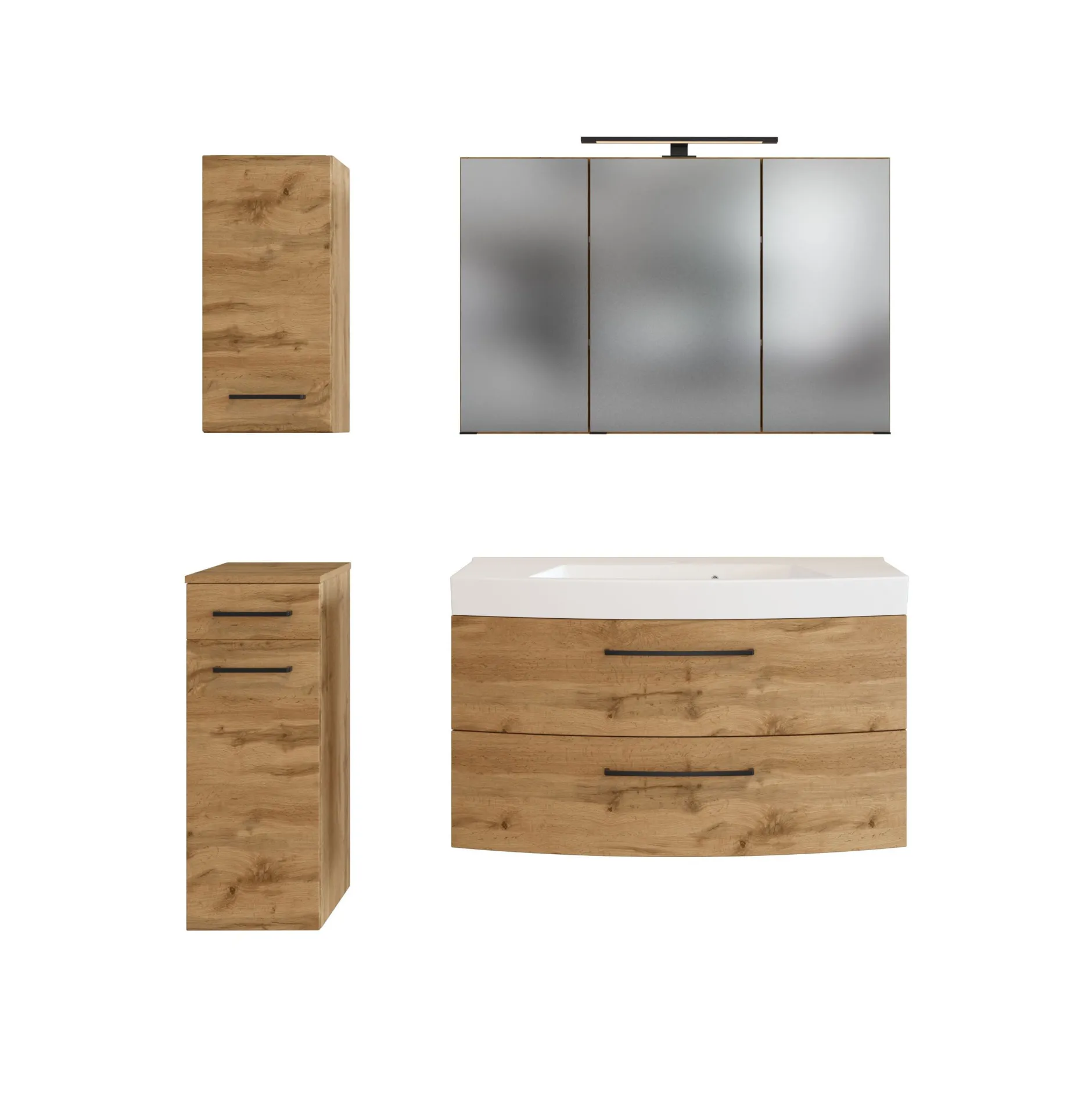 Badezimmerset Manchester | Waschtischschrank, Säulenschrank, Hängeschrank, Spiegelschrank mit Beleuchtung | Eiche Wotan