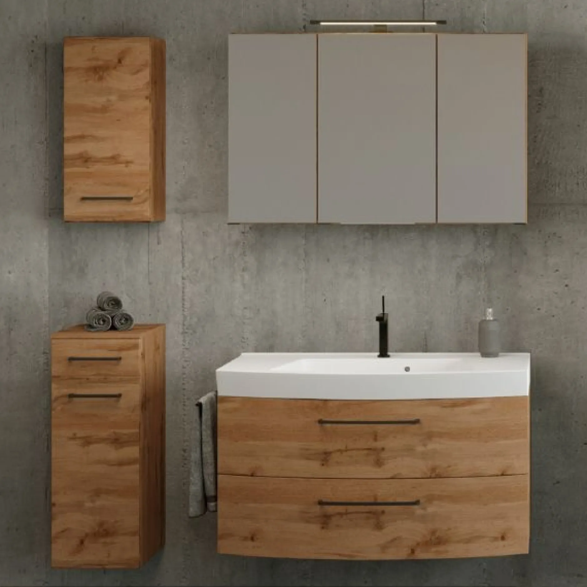 Badezimmerset Manchester | Waschtischschrank, Säulenschrank, Hängeschrank, Spiegelschrank mit Beleuchtung | Eiche Wotan