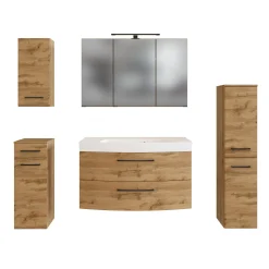 Badezimmerset Manchester | Waschtischschrank, Säulenschrank, Spiegelschrank mit Beleuchtung, Hängeschrank, Beistellschrank | Eiche Wotan