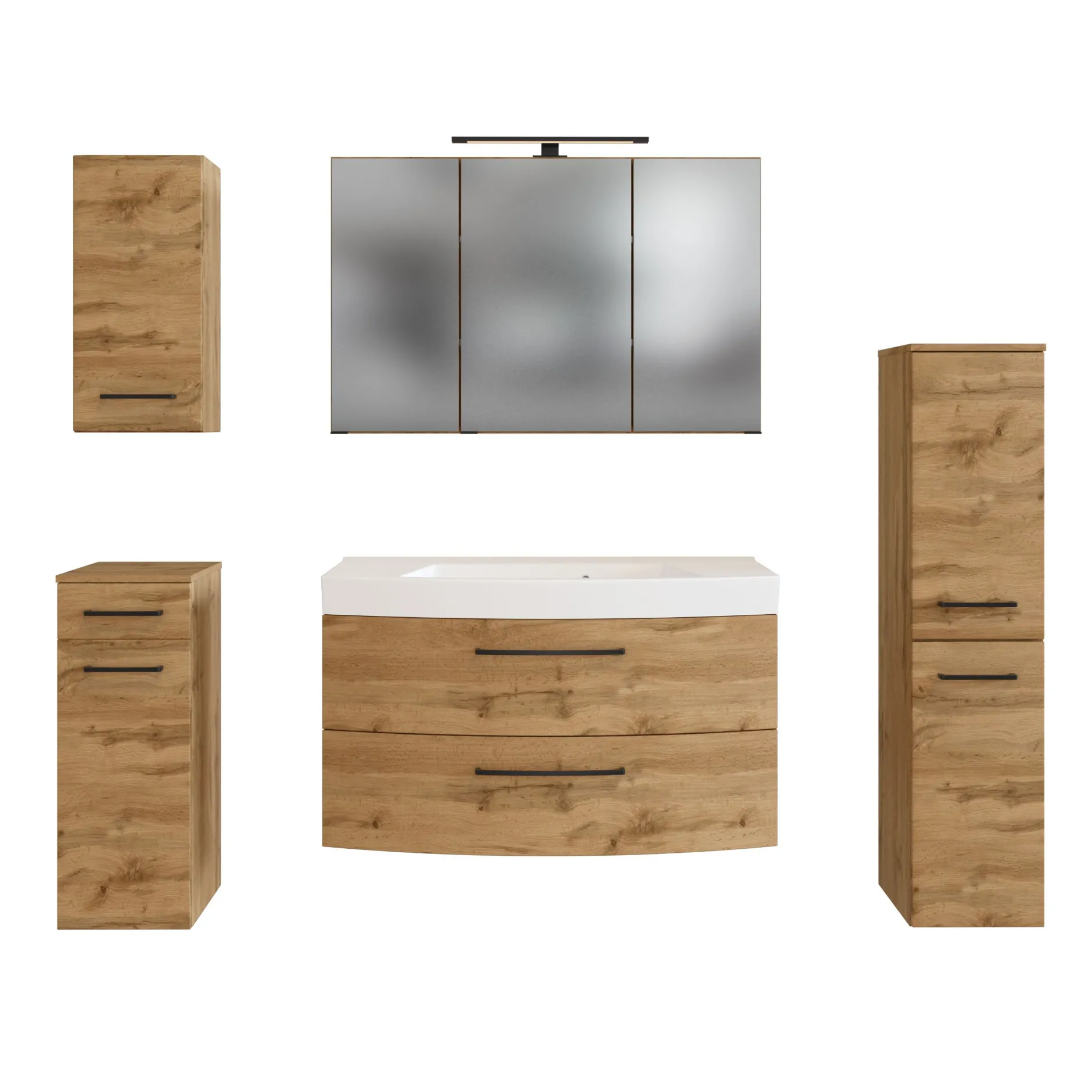 Badezimmerset Manchester | Waschtischschrank, Säulenschrank, Spiegelschrank mit Beleuchtung, Hängeschrank, Beistellschrank | Eiche Wotan
