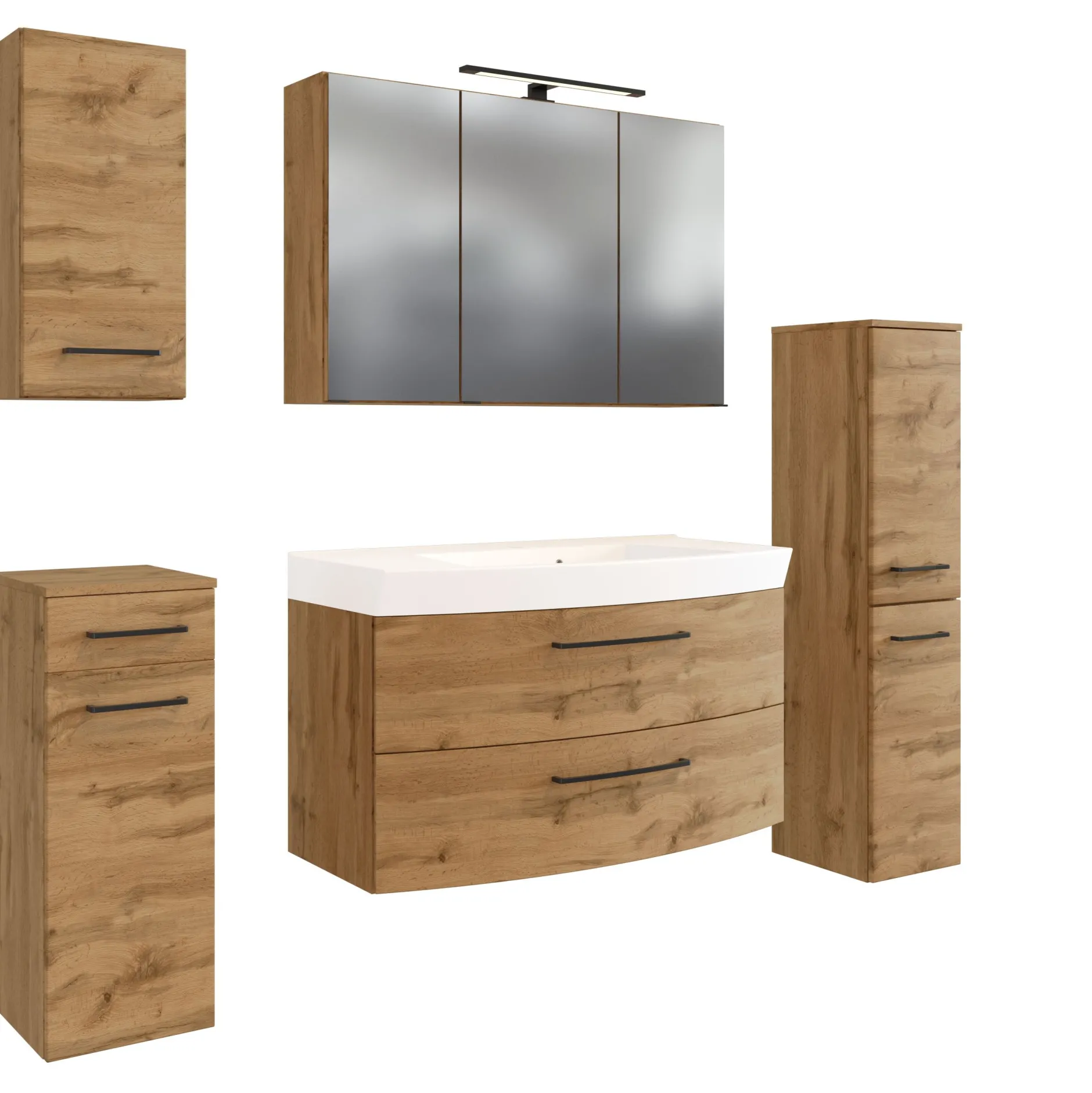 Badezimmerset Manchester | Waschtischschrank, Säulenschrank, Spiegelschrank mit Beleuchtung, Hängeschrank, Beistellschrank | Eiche Wotan