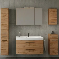 Badezimmerset Manchester | Waschtischschrank, Säulenschrank, Spiegelschrank mit Beleuchtung, Hängeschrank, Beistellschrank | Eiche Wotan